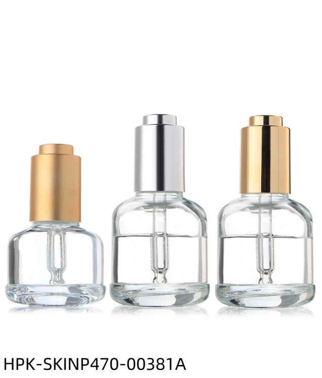 Round Shoulder and Base Glass Bottle with Metalized Push-button Pipette Cap